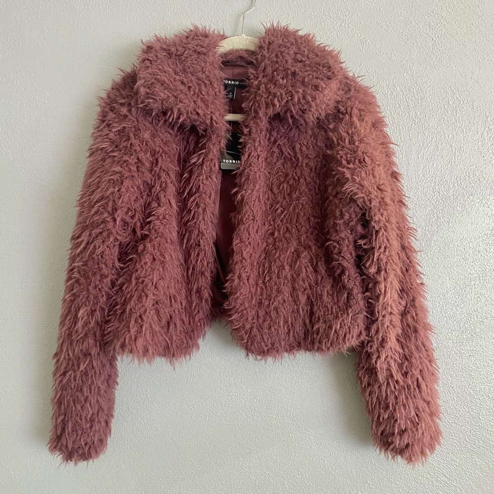 Torrid Teddy Coat Size Large Open Front Purple Fuzzy New with Tags